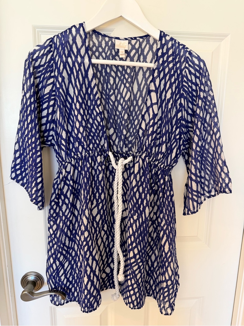 NWOT Milly Navy and White Abstract Lattice Tunic Cover up with rope tie